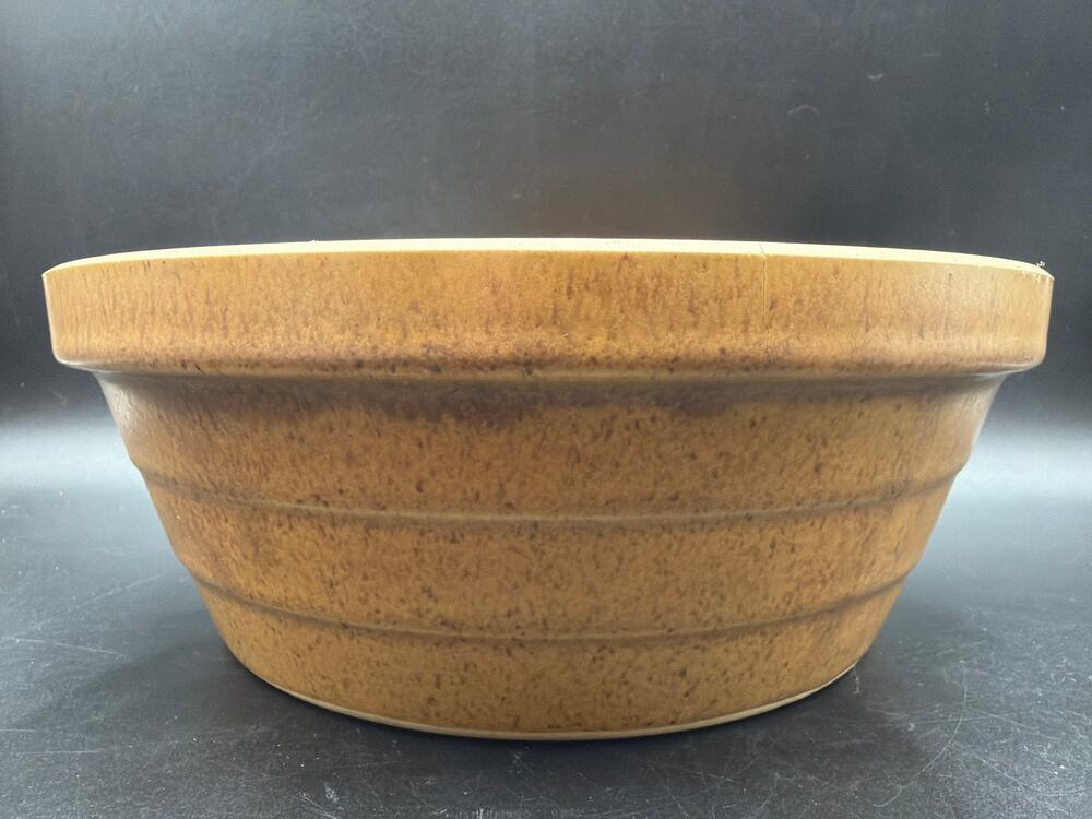 Vintage Monmouth Pottery 10" Ribbed Mixing Bowl Brown Speckled Stoneware USA
